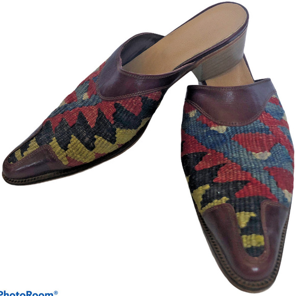 Kilim Art 100% Red Blue Aztec Wool Tapestry & Leather Slide Mule Shoes Women's 6 - Picture 5 of 7